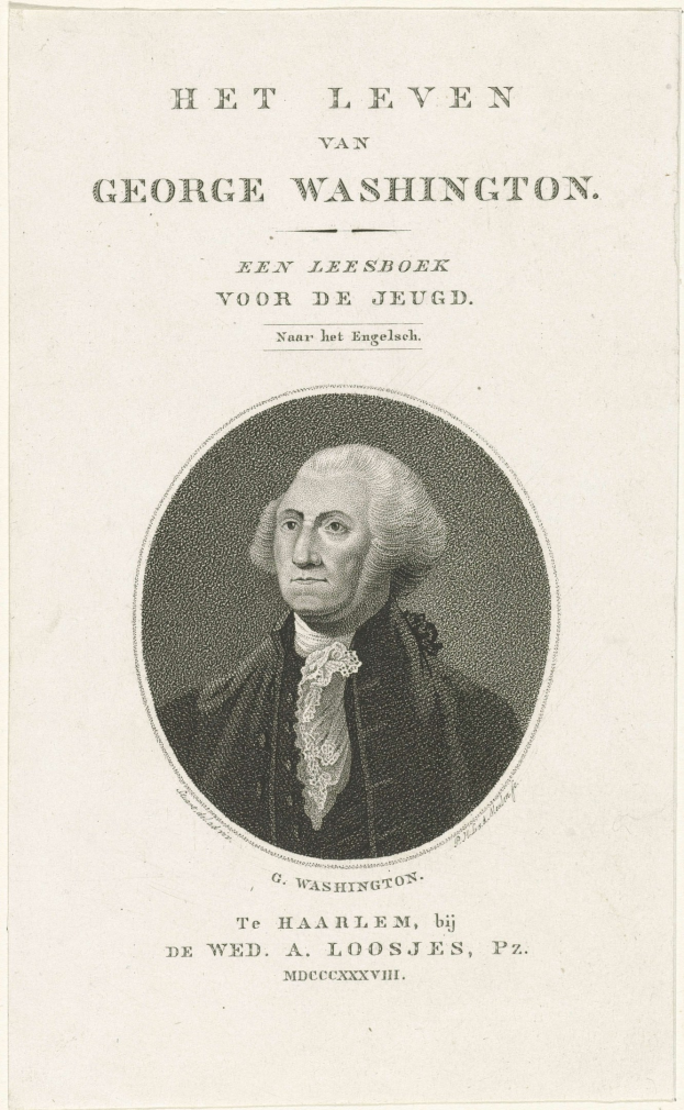 Porträt von George Washington auf Papier mit Text, der nach vorne schaut, mit ernstem Gesichtsausdruck, der einen Anzug und eine Krawatte trägt.