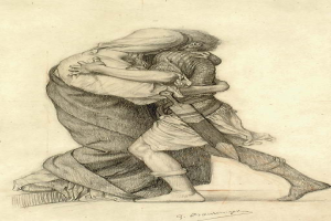 Eine Zeichnung eines Mannes und einer Frau, die sich in einer leidenschaftlichen Umarmung befinden, wobei der Mann ein Schwert hält, und ein Text am unteren Rand die romantische Stimmung unterstreicht.