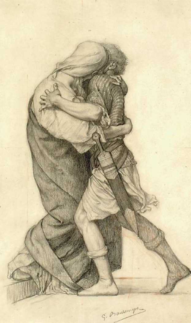 Eine Zeichnung eines Mannes und einer Frau, die sich in einer leidenschaftlichen Umarmung befinden, wobei der Mann ein Schwert hält, und ein Text am unteren Rand die romantische Stimmung unterstreicht.