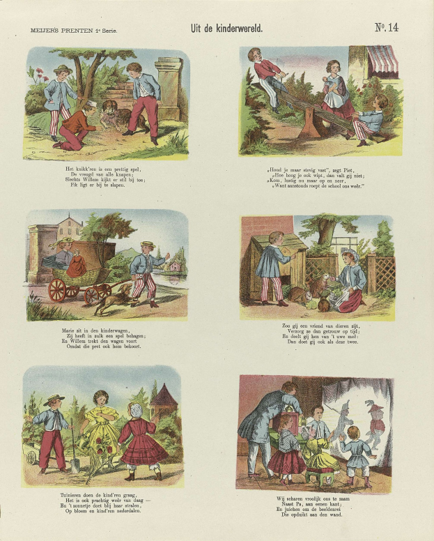 Ein aufgeschlagenes Buch mit Illustrationen von Kindern, die in einem Park spielen, umgeben von Bäumen, Gebäuden und einem Karren, mit begleitendem Text.