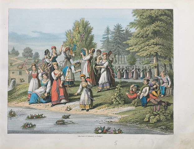 Gruppe von Menschen in traditioneller ungarischer Kleidung, die neben einem Fluss mit Grünfläche und einem Gebäude im Hintergrund stehen, beschriftet mit "Litauischer Folklore-Tanz" unten.