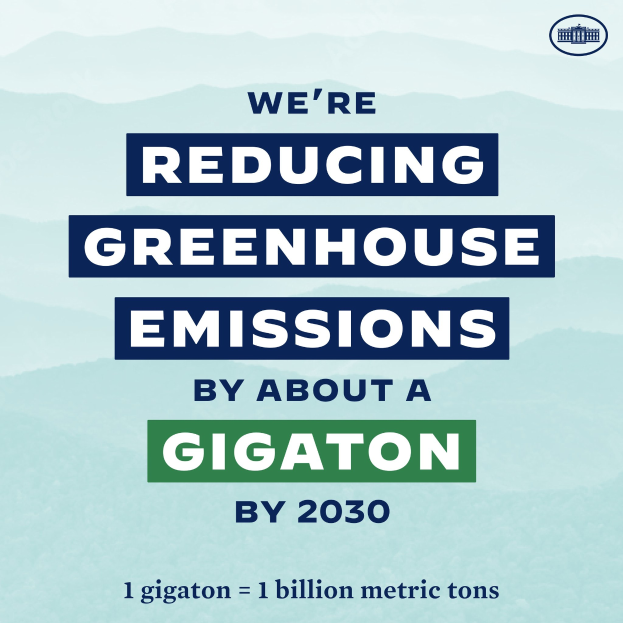 Plakat mit Text und Logo, auf dem steht: "Wir reduzieren die Treibhausgasemissionen bis 2030 um etwa eine Gigatonne.", das die Reduzierung der Treibhausgasemissionen bis 2030 fordert.