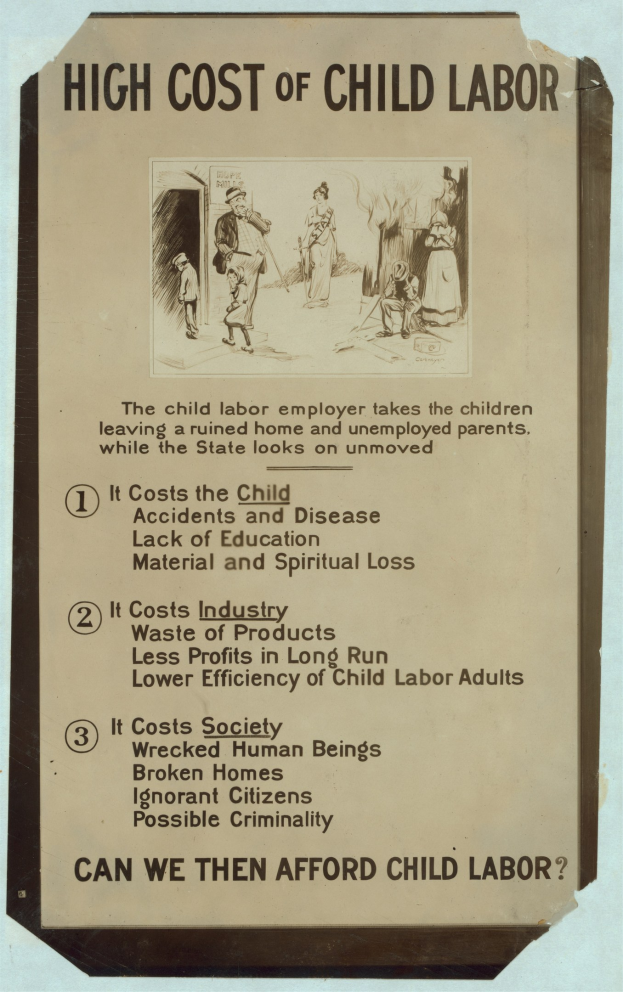 Plakat mit der Aufschrift 'Hohes Kosten von Kinderarbeit' mit blauem Hintergrund, weißer Schrift und einem weißen Rand, das eine kreisförmige Anordnung von Gesichtern verschiedener Personen um den Titel zeigt.