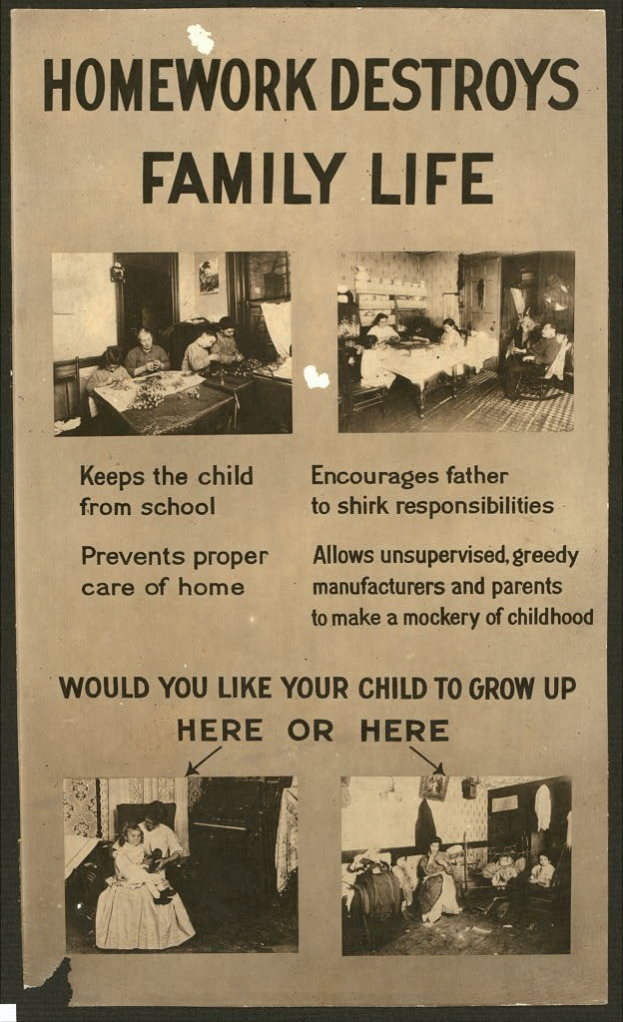 Plakat mit Text "Hausaufgaben zerstören das Familienleben" und Bildern einer vielfältigen Gruppe von Menschen, die entschlossen in die Kamera schauen.