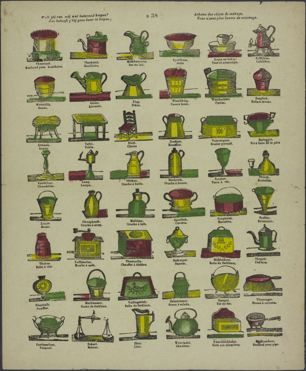 Ein buntes Plakat mit sorgfältig angeordneten Illustrationen von Küchenutensilien, einschließlich Töpfen, Pfannen und Geräten, mit fetter Schrift.