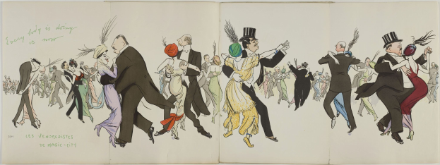 Offenes Buch mit einer farbenfrohen Illustration von tanzenden Menschen in bunten Kostümen, betitelt "Les Vendredières de Magic City", vor einem hellblauen Himmel mit weißen Wolken.