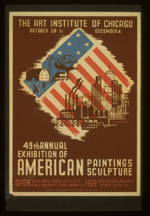 Plakat für die 49. Jahresausstellung der Amerikanischen Malerei und Skulptur des Art Institute of Chicago, mit textuellen und bildlichen Elementen zum Thema.