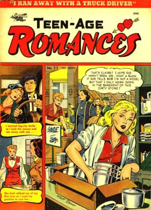 Ein buntes Plakat mit der Aufschrift 'Teen-Age Romances 23-A von DC', das eine Gruppe von Menschen in einer fröhlichen, romantischen Umarmung mit strahlenden Gesichtern und direktem Augenkontakt zeigt.