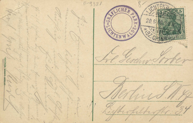 Alte Postkarte mit einer Briefmarke, die "Lichtenwald, Deutschland - Einschreiben nach Deutschland" lautet, mit handgeschriebener Textstelle und zwei zusätzlichen Briefmarken in der oberen rechten Ecke.