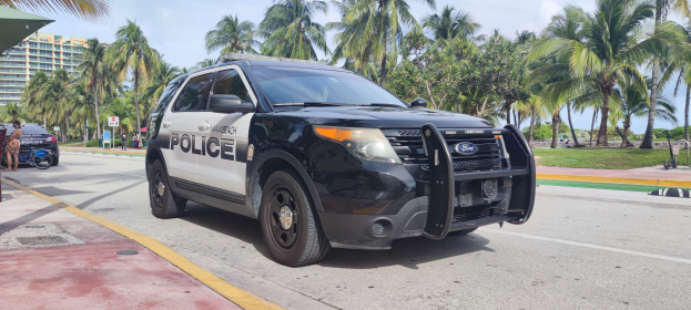 Ein Polizeiwagen am Straßenrand geparkt mit Menschen, Fahrrädern, Gras, Bäumen, Gebäuden und einem klaren blauen Himmel im Hintergrund; das Vorderrad des Wagens ist sichtbar.