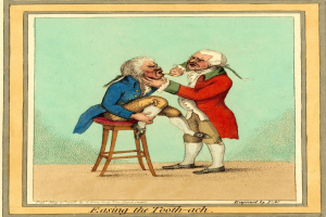 Zwei Männer, einer sitzt auf einem Hocker und der andere steht, mit Text unten: "Zahnschmerzen lindern".