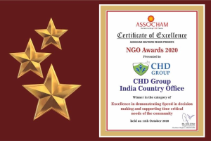 Auszeichnung 'Exzellenzzertifikat' bei den NGO Awards 2020 für Chd Group India Country Office, mit einem Schild-Logo mit einem Stern und einem Lorbeerkranz.