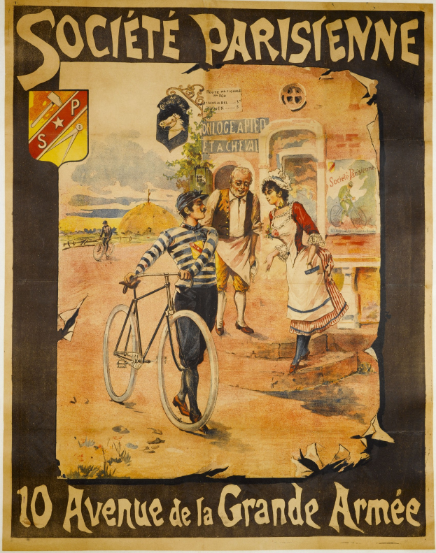Plakat für ein Fahrradrennen in Paris, Frankreich, mit einer Gruppe von Menschen, von denen einer ein Fahrrad hält, einem Gebäude im Hintergrund und Text, der das Ereignis beschreibt.