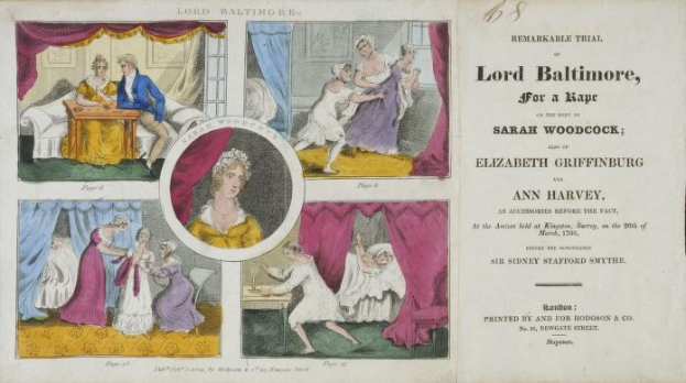 Eine historische Illustration einer Gerichtsszene, die den Prozess gegen Lord Baltimore zeigt, einschließlich Porträts von Individuen, drapierten Vorhängen und geschriebenem Text auf einem Dokument.