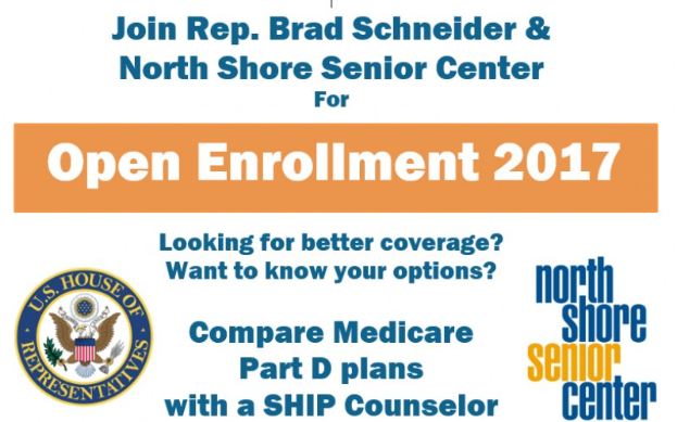 Plakat zur Anmeldung für die Open Enrollment-Veranstaltung mit dem Kongressabgeordneten Brad Schneider und dem North Shore Senior Center, das Text und ein Logo enthält.
