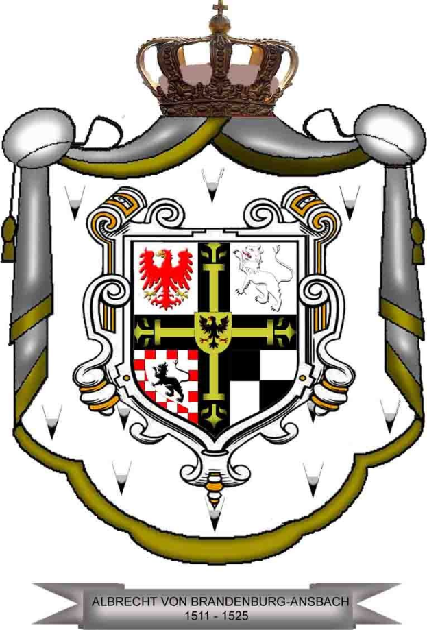 Wappen von Brandenburg-Ansbach mit einem gekrönten Schild mit einem steigenden Löwen links, einem Chevron rechts und dem Wort «Brandenburg» in fetter schwarzer Schrift darunter.