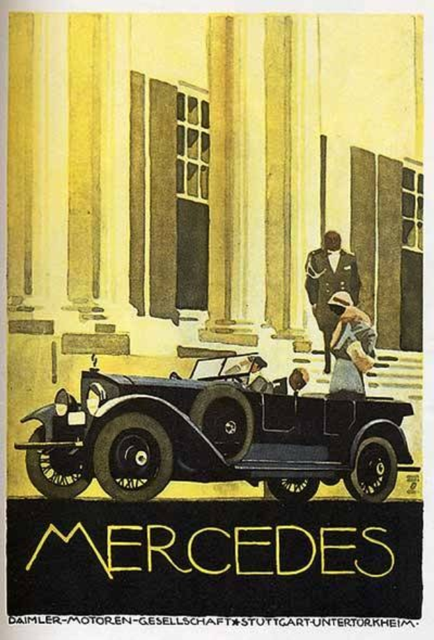 Ein Vintage-Plakat aus den 1920er Jahren, das ein Mercedes-Benz-Auto zeigt, das vor einem modernen Gl├Ąserturm geparkt ist, mit zwei Personen im Auto und 'Mercedes-Benz' in fetter schwarzer Schrift unten.