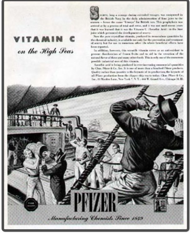 Werbung für Pfizer Vitamin C auf hoher See mit einem Plakat mit Text, Bildern von Menschen, Seilen und einem Schiff.