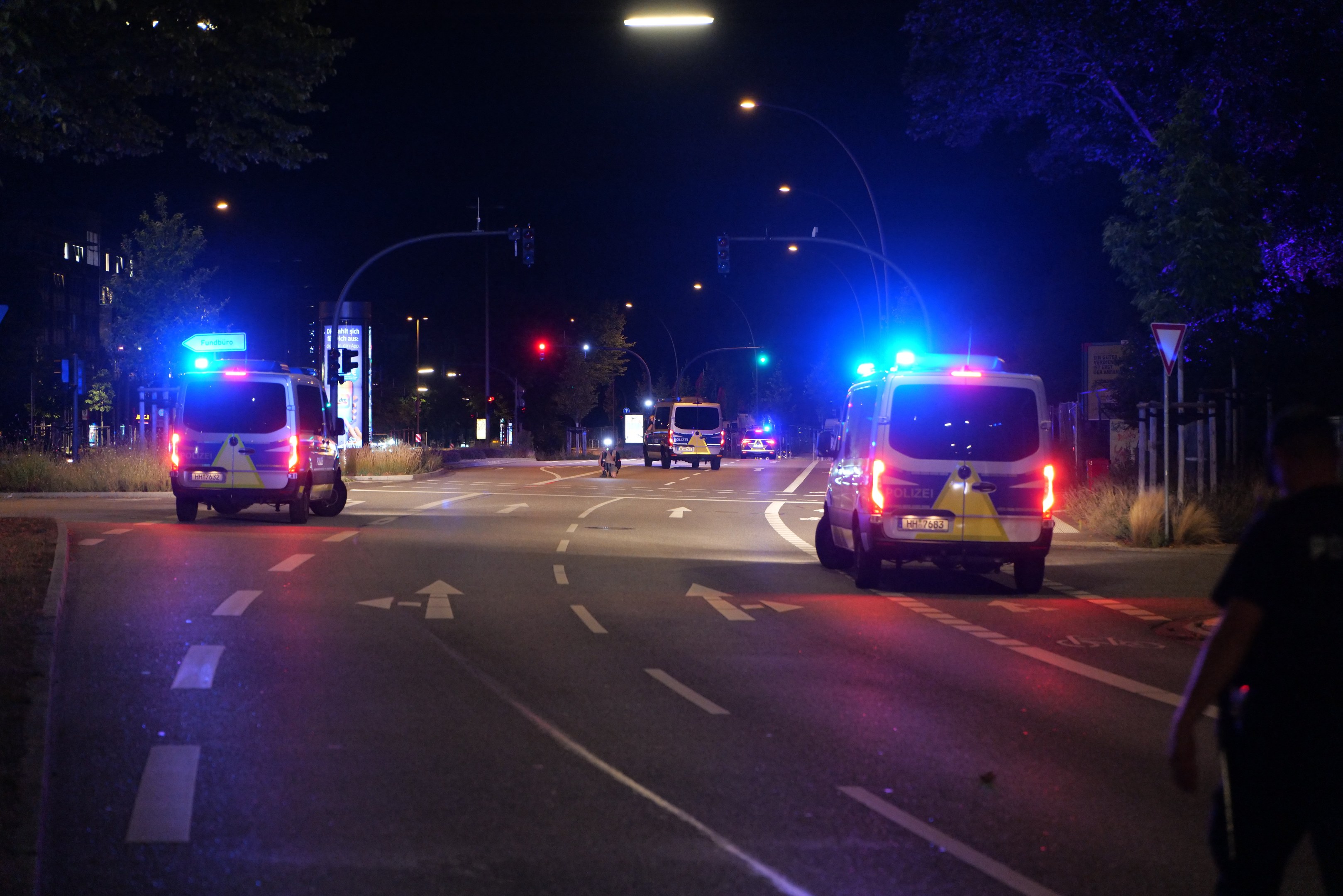 Ein Polizeiwagen fährt nachts eine Straße entlang, beleuchtet von Straßenlaternen und umgeben von Bäumen, Masten, Bauzäunen, Pflanzen und Gebäuden, mit einem Fussgänger auf der rechten Seite und dem Himmel im Hintergrund.