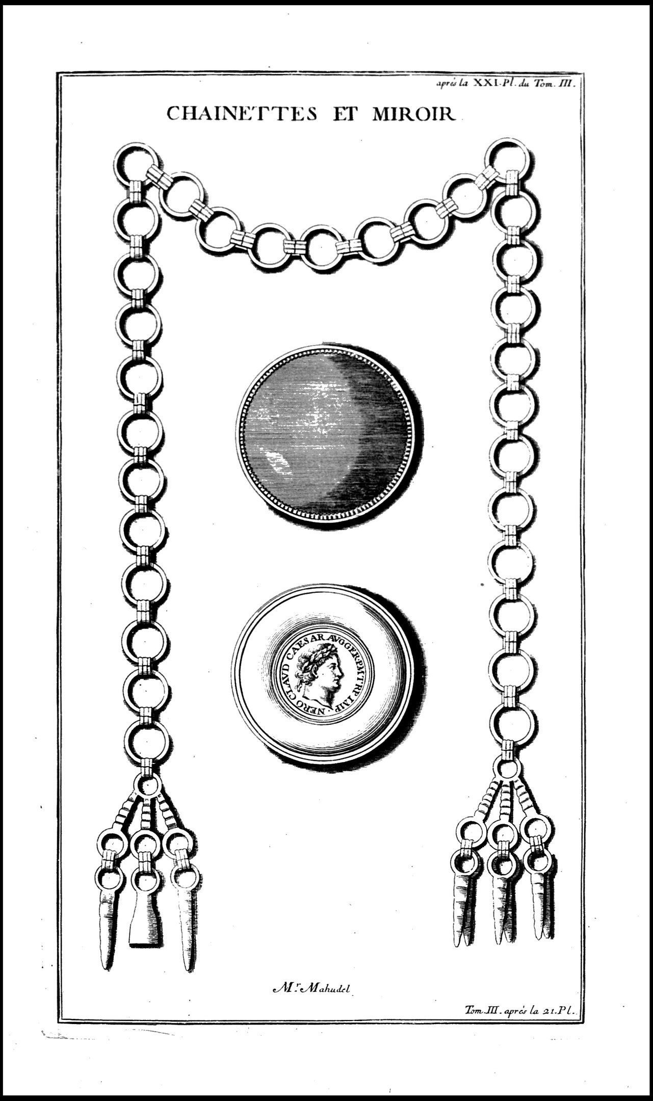 Schwarze und weiße Illustration einer verzierten Kette mit einer zentralen Münze, umgeben von fettem Text.