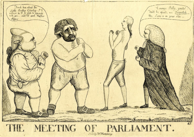 Eine Bleistiftskizze mit dem Titel "Die Parlamentssitzung" zeigt drei stehende und diskutierende Personen, wobei eine Person lebhaft gestikuliert.