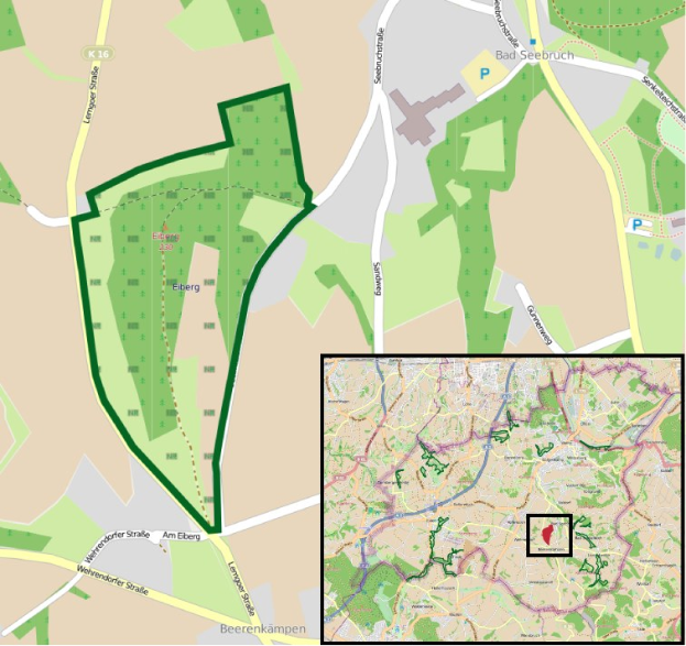 Ein detaillierter Stadtplan, der einen zentralen grünen Bereich markiert, der für eine geplante Entwicklung vorgesehen ist, mit umliegenden Straßen, Gebäuden und Sehenswürdigkeiten.