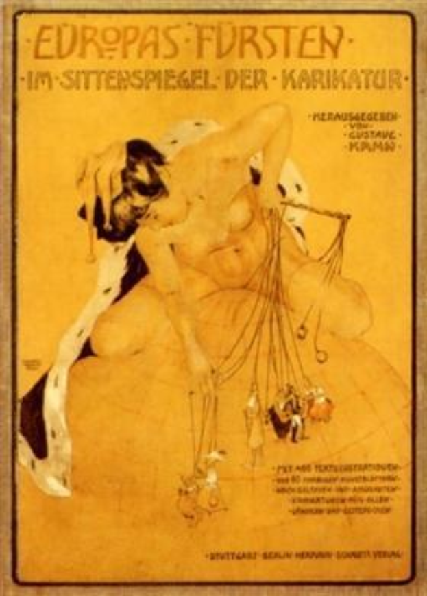 Plakat für "Europas Fursten - Im Sittenspiegel der Karikatur" mit einer Frau in Bikini und einem Mann im Badeanzug in gedämpften Blautönen und Grautönen.