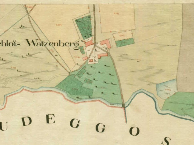 Ein detaillierter alter Stadtplan von Ludego, Deutschland, der Straßen, Gebäude, Sehenswürdigkeiten und Text mit Informationen über die Bevölkerung, Geschichte und Kultur der Stadt zeigt.