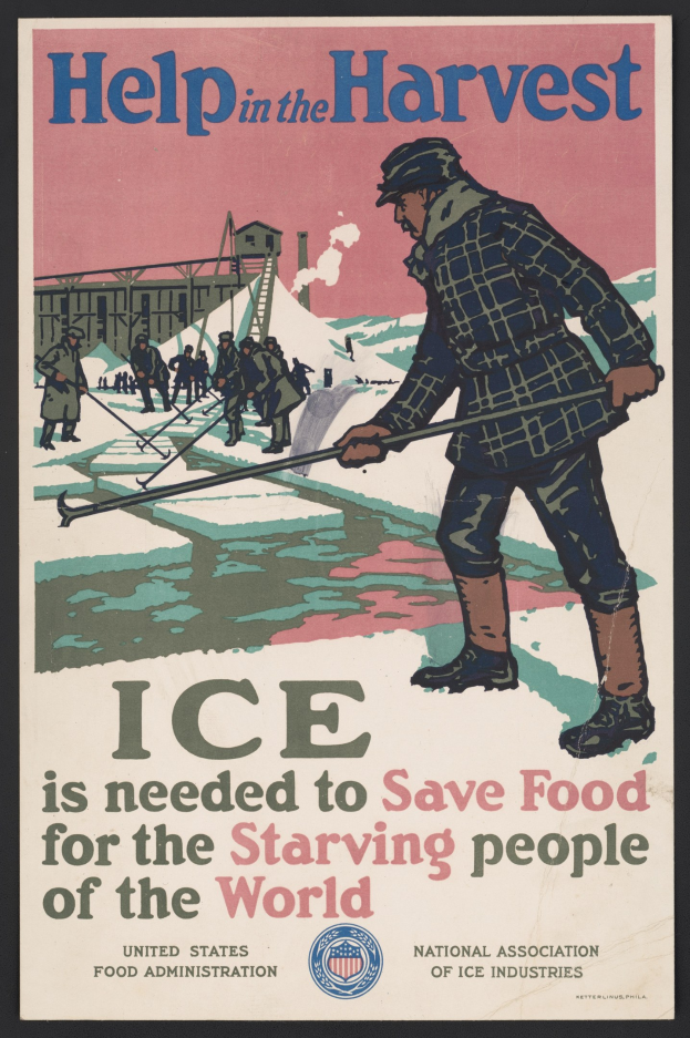 Plakat mit einer Person in einem weißen Hemd und blauen Jeans, die in einem verschneiten Feld mit entschlossener Miene steht, umgeben von fetter schwarzer Schrift, die "Hilfe bei der Ernte - Eis wird benötigt, um Lebensmittel für die hungernden Menschen der Welt zu retten" gegen einen hellblauen Himmel liest.