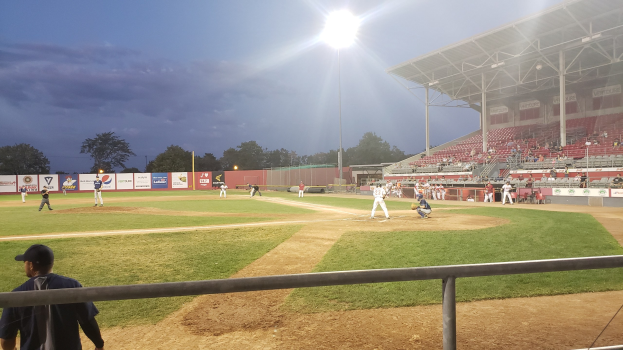 Baseball-Spiel in einem Stadion mit Zuschauern auf den Rängen, Bäumen, Pfählen, Lichtern, Werbetafeln und einem klaren blauen Himmel im Hintergrund.