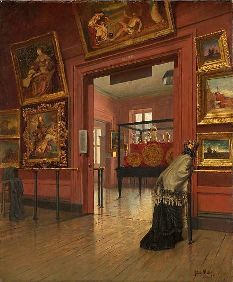 Eine Frau sitzt in einem Stuhl umgeben von Gemälden an den Wänden, einem Tisch mit Gegenständen, einer Tür, einem Fenster und Deckenleuchten in einem Raum mit dem Titel "Die Galerie der Kunsthalle" von Joseph Mallord William Turner.