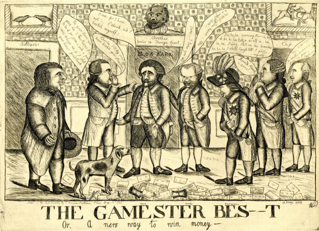 Eine historische Illustration von Menschen, die mit einem Hund ein Spiel spielen, betitelt "The Gamester Bes-T or a New Way to Win Money."