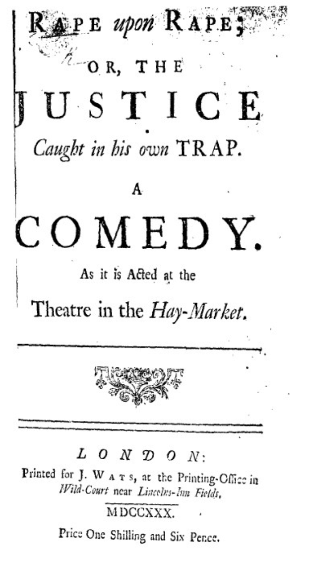 Schwarz-weißes Plakat mit der Aufschrift "Vergewaltigung auf Vergewaltigung oder die Justiz in ihrer eigenen Falle" in fetter schwarzer Schrift, wahrscheinlich Ankündigung einer Comedy-Show.