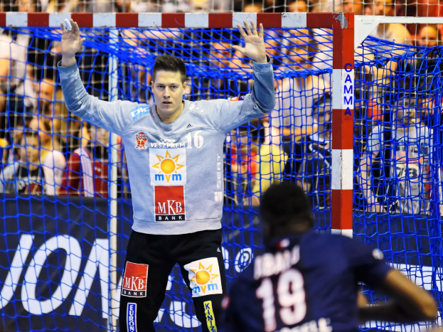 Ein Handballspieler hebt die Hände in der Nähe eines Tores bei der Futsal-Weltmeisterschaft 2019, mit Zuschauern und einer Fahne im Hintergrund.