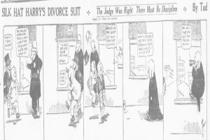 Cartoon-Illustration eines Mannes in einem schwarzen Anzug und weißem Hemd mit schwarzer Krawatte und einer Frau in einem eleganten Kleid mit einem schwarzen Schal, beide mit ernsten Gesichtern, beschriftet mit "Scheidungsklage."