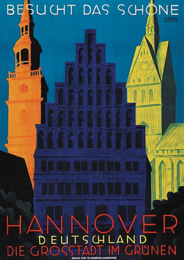 Ein Plakat, das Hannover, Deutschland bewirbt und ein paar Gebäude, Bäume und Text enthält, der Informationen über die Stadt bereitstellt.
