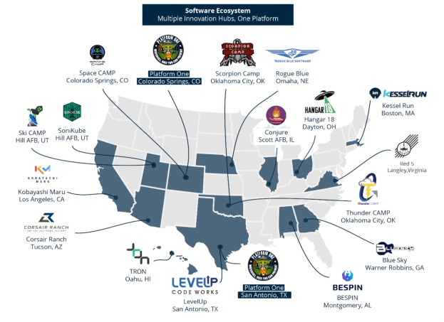 Eine Karte der Vereinigten Staaten mit Firmenlogos, die die Standorte des Software-├Ąkosystems markieren, und zus├Ątzlicher Text, der Details bereitstellt.