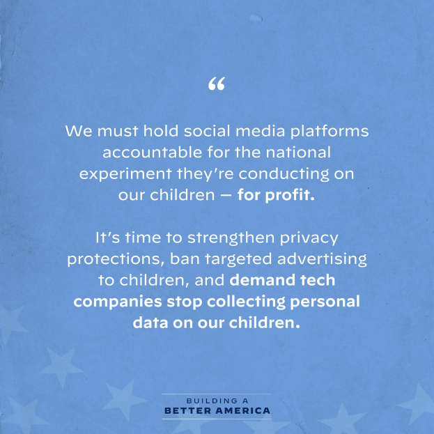 Ein Plakat mit einem Zitat aus Building a Better America, das besagt, "Wir müssen Social-Media-Plattformen für das nationale Experiment zur Rechenschaft ziehen, das sie an unseren Kindern durchführen - zum Profit.", dekoriert mit Sternen.