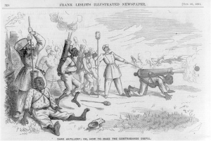 Eine Schwarz-Weiß-Zeichnung von Männern in einem Feld, einige halten Gewehre und andere liegen am Boden, mit dem Text "Dunkle Artillerie oder Wie man die Schmuggler nutzbar macht" oben und unten.