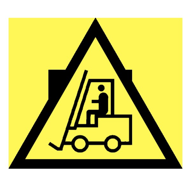 Warnschild mit einer Gabelstapler-Illustration, das den Einsatz von Gabelstaplern im Bereich verbietet, vor einem weißen Hintergrund.