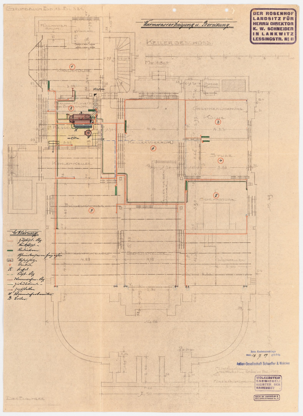 Schwarz-weißer Architekturplan des Rosenhof-Krankenhauses in Hamburg, Deutschland, mit detaillierter Darstellung von Numerous Wires, Räumen, Fluren und Textanmerkungen auf altem Papier.