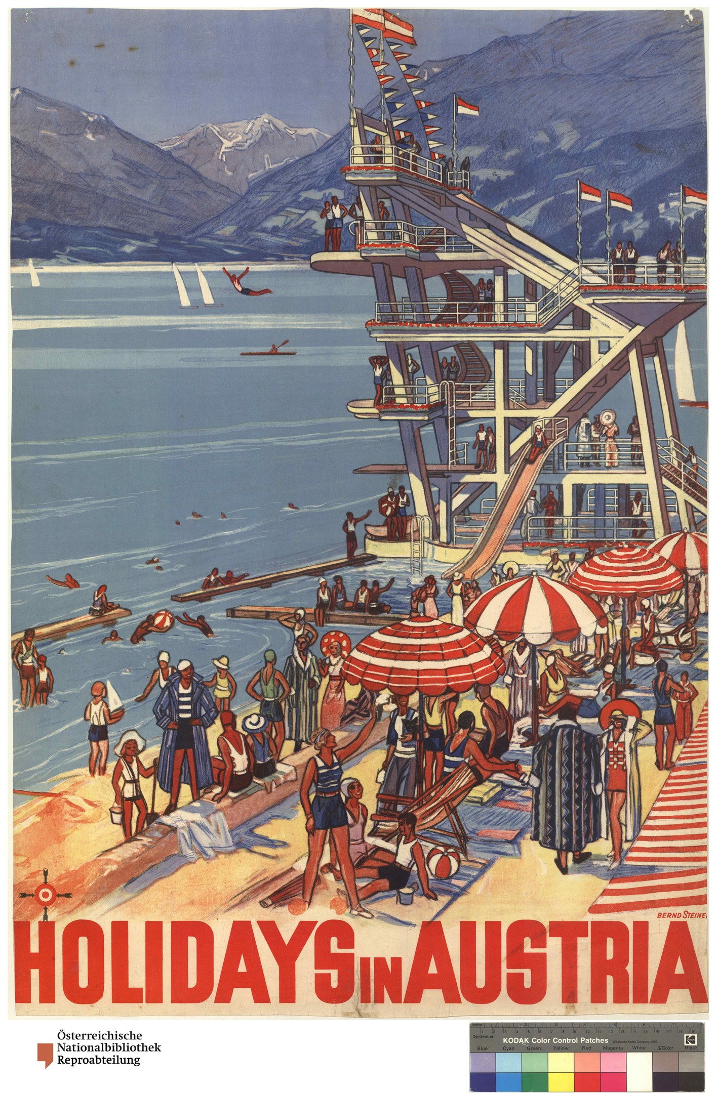 Plakat für Österreich-Urlaub mit Menschen am Strand mit Schirmen, einem Schiff im Hintergrund, Fahnen und Bergen in der Ferne.