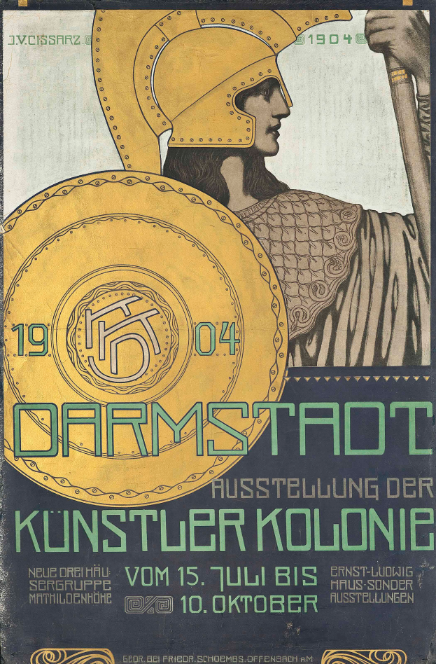 Ein Plakat, das ein 1904er Konzert in Berlin, Deutschland, ankündigt, zeigt eine Person in einem Helm, die ein Schild hält, mit "Darmstadt" und "Kunstler Kolonie" in fetter Schrift.