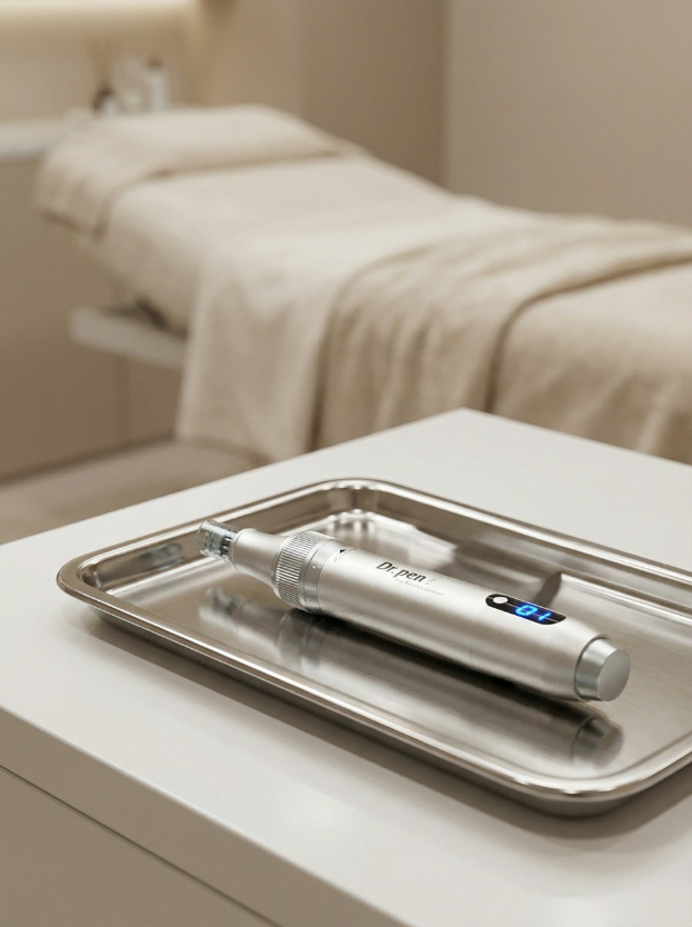 Ein modernes Microneedling-Gerät auf einem sterilen Untergrund in einem professionell eingerichteten Kosmetikstudio.