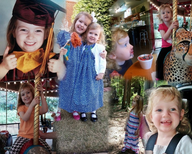 Ein Collage-Bild mit Vergnügungsparktieren, einem Tisch mit einem Becher, Essen und einem Löffel sowie verschiedenen Gegenständen, Lichtern, einer Wand, Büschen, Bäumen, Gras, einem Seil und einem Hut.