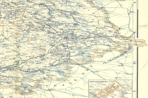 Ein altes Stadtplan von Rinkjöbing, Deutschland, auf Papier gedruckt, zeigt Straßen, Autobahnen und weitere Merkmale mit Text und Zahlen.