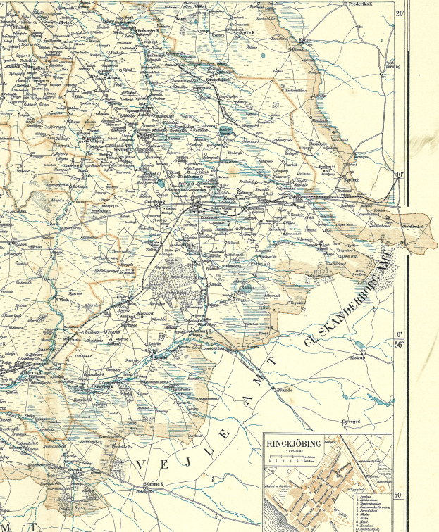 Ein altes Stadtplan von Rinkjöbing, Deutschland, auf Papier gedruckt, zeigt Straßen, Autobahnen und weitere Merkmale mit Text und Zahlen.