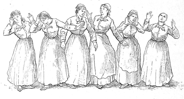 Schwarze und weiße Illustration von Frauen in langen, gemusterten Kleidern, die in einer Reihe stehen, mit dem Text 'Frauenwahlrecht' oben und einer Erinnerung unten.