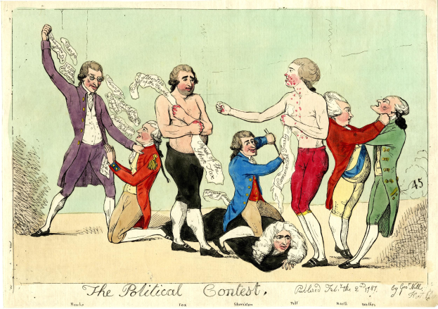 Politisches Cartoon namens 'Der politische Wettbewerb', das eine Gruppe von Menschen in bunten Kleidern mit einer Person in der Mitte auf dem Boden zeigt.
