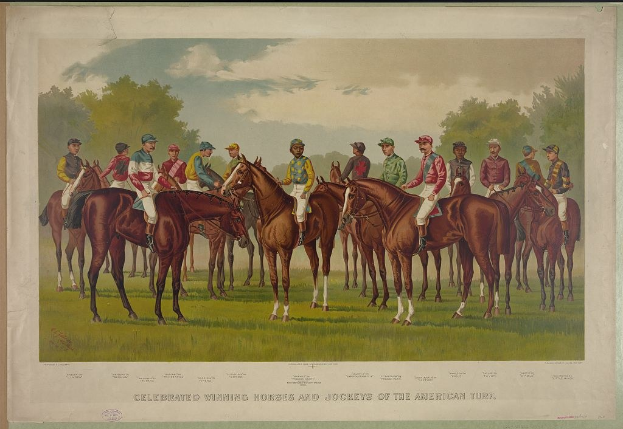 Eine Gruppe von Menschen, die auf einem grünen Feld mit Bäumen und einem blauen Himmel reitet, mit Text unten: "Feiernder Siegerpferde und Jockeys der amerikanischen Wiese."